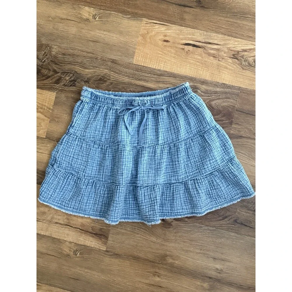 Aerie Tiered Crinkle Gauze Mini‎ Skirt Light Blue Drawstring Elastic Waist M